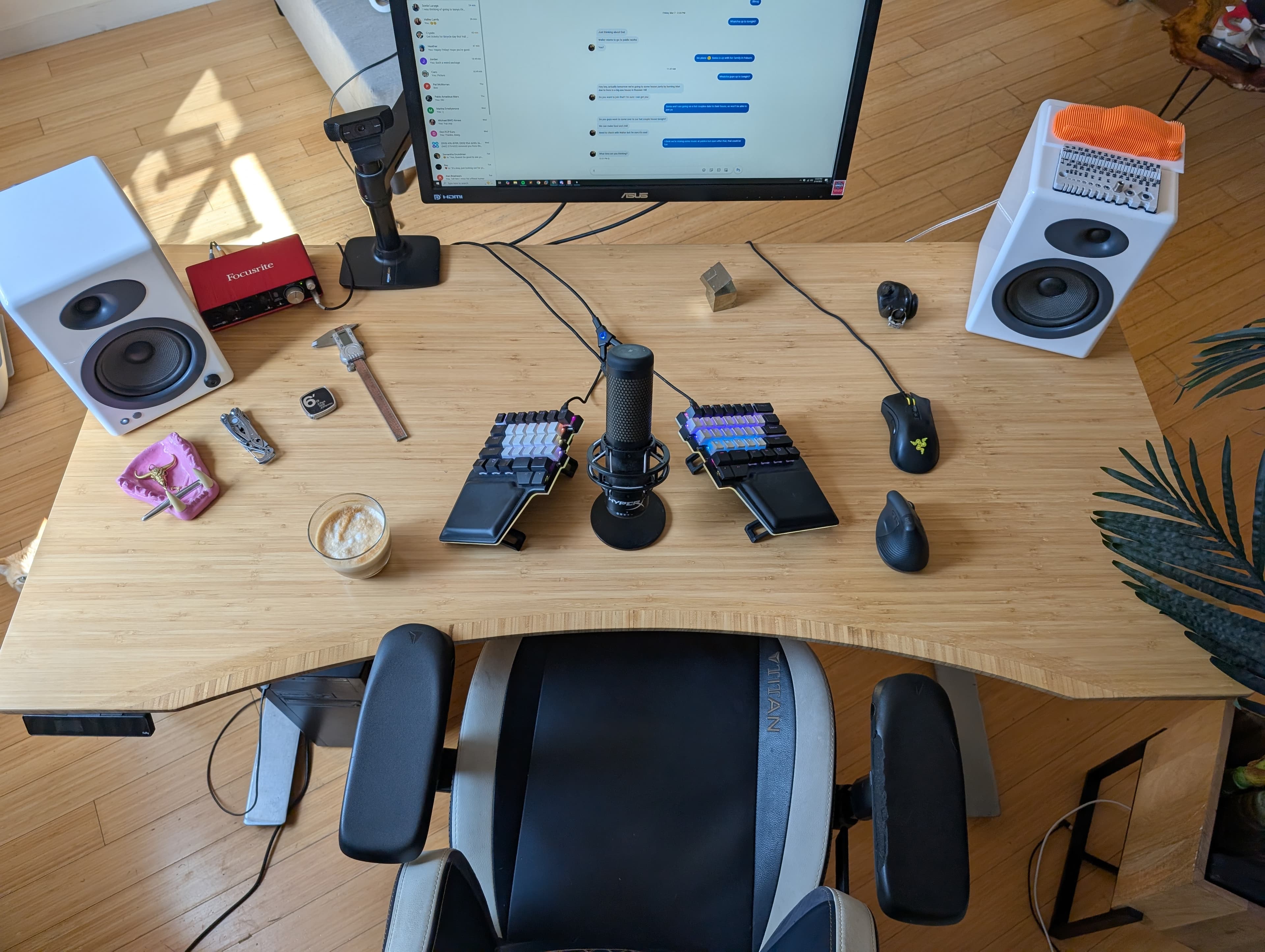 Top view of the desk with the monitor and webcam mounted