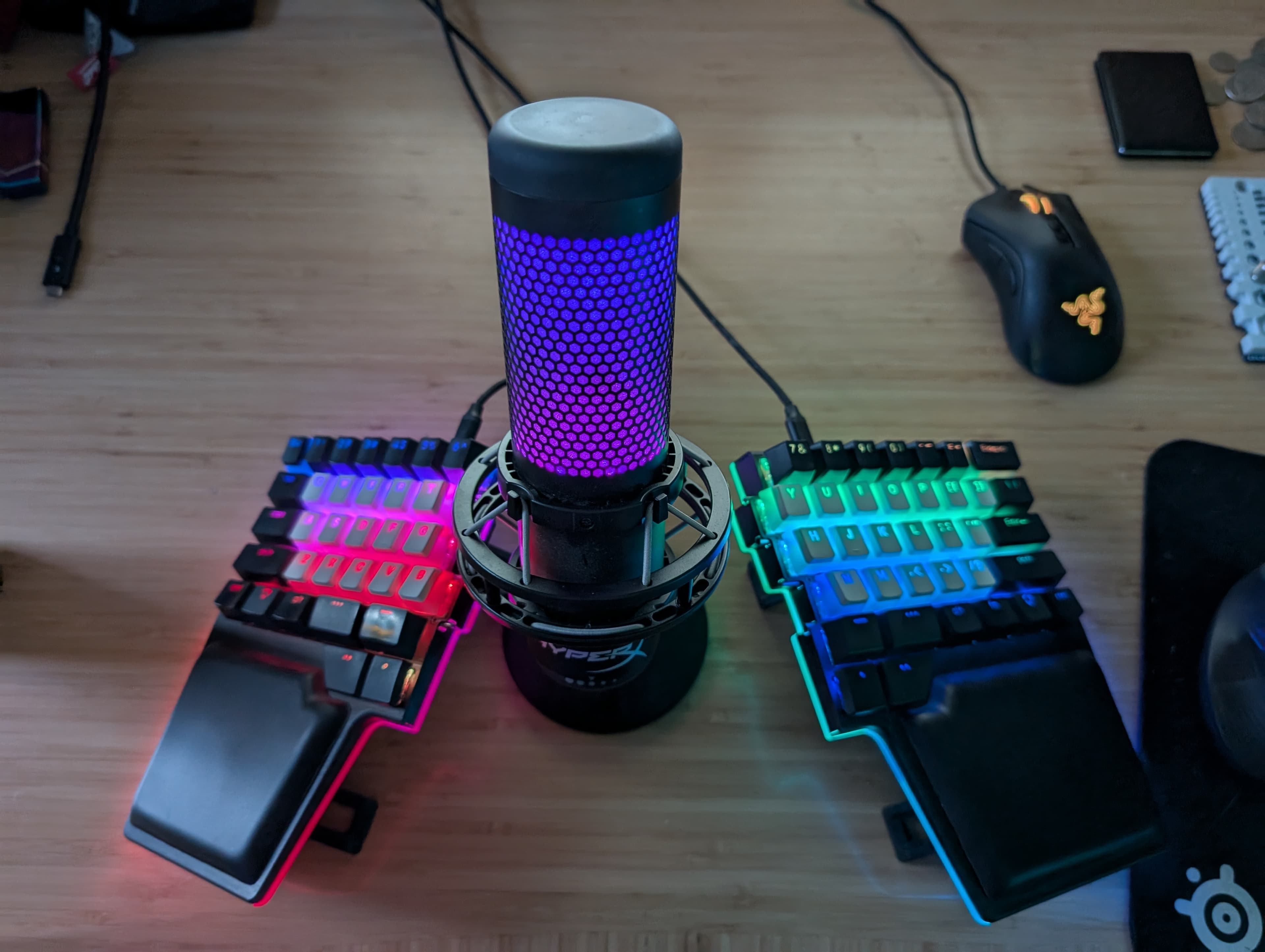 Close up of the Dygma Raise keyboard with Womier Pudding Keycaps